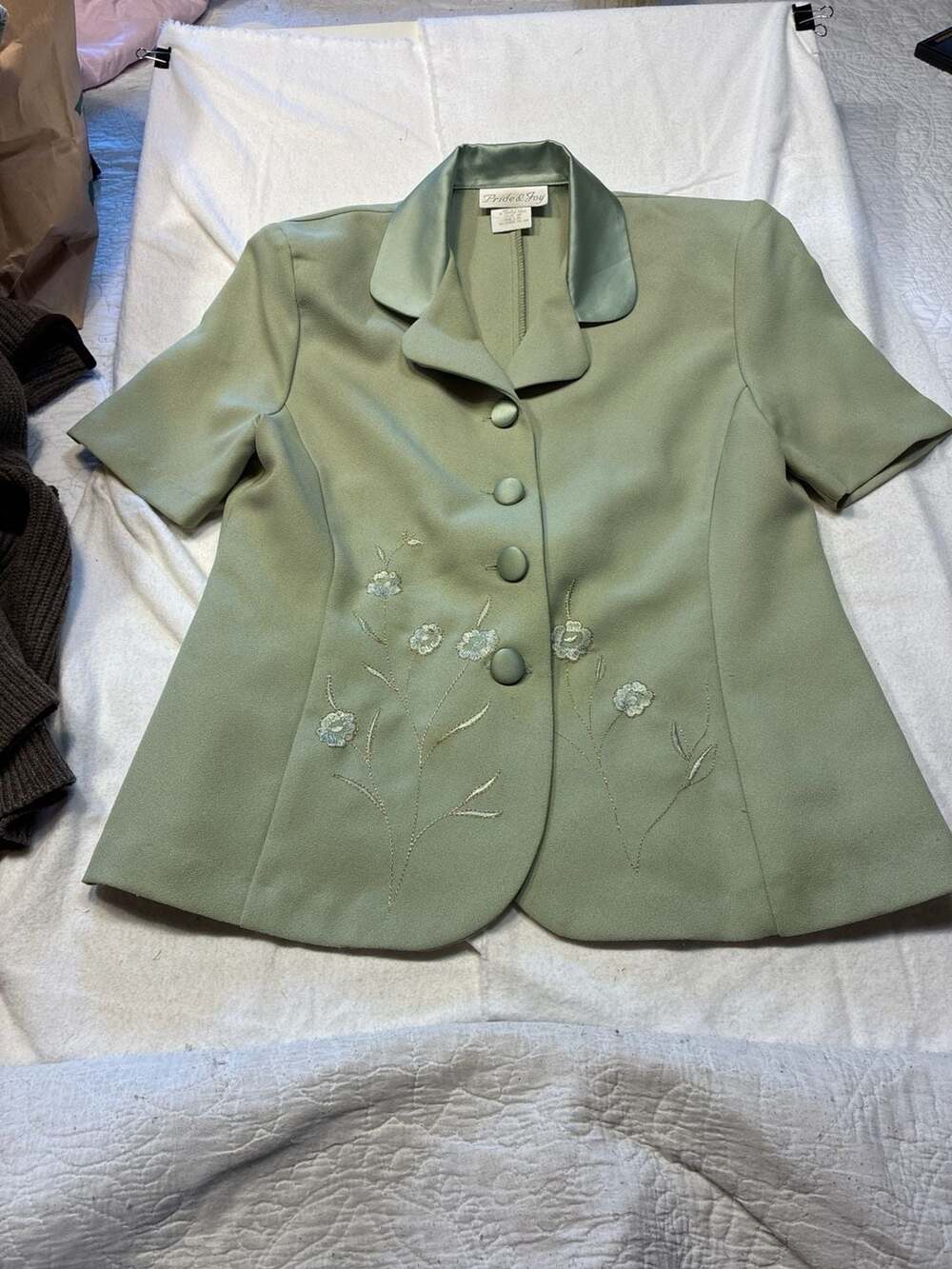 Pride & Joy Vintage Sage Green Floral Embroidered Short Sleeve Blazer Top Size 6